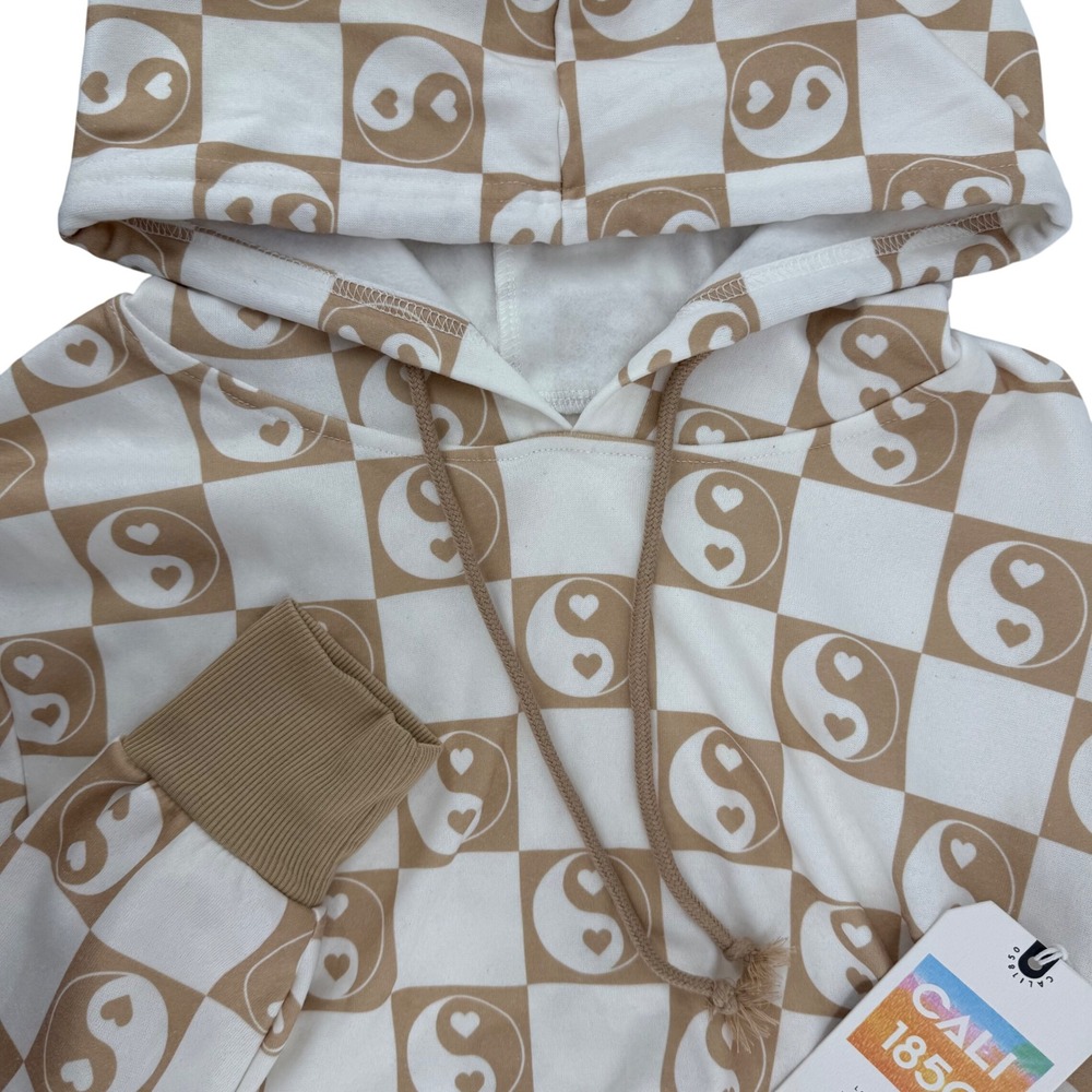 Cali 1850 Checkered Yin Yang Heart Pullover Cropped‎ Hoodie Sweatshirt Sz Large